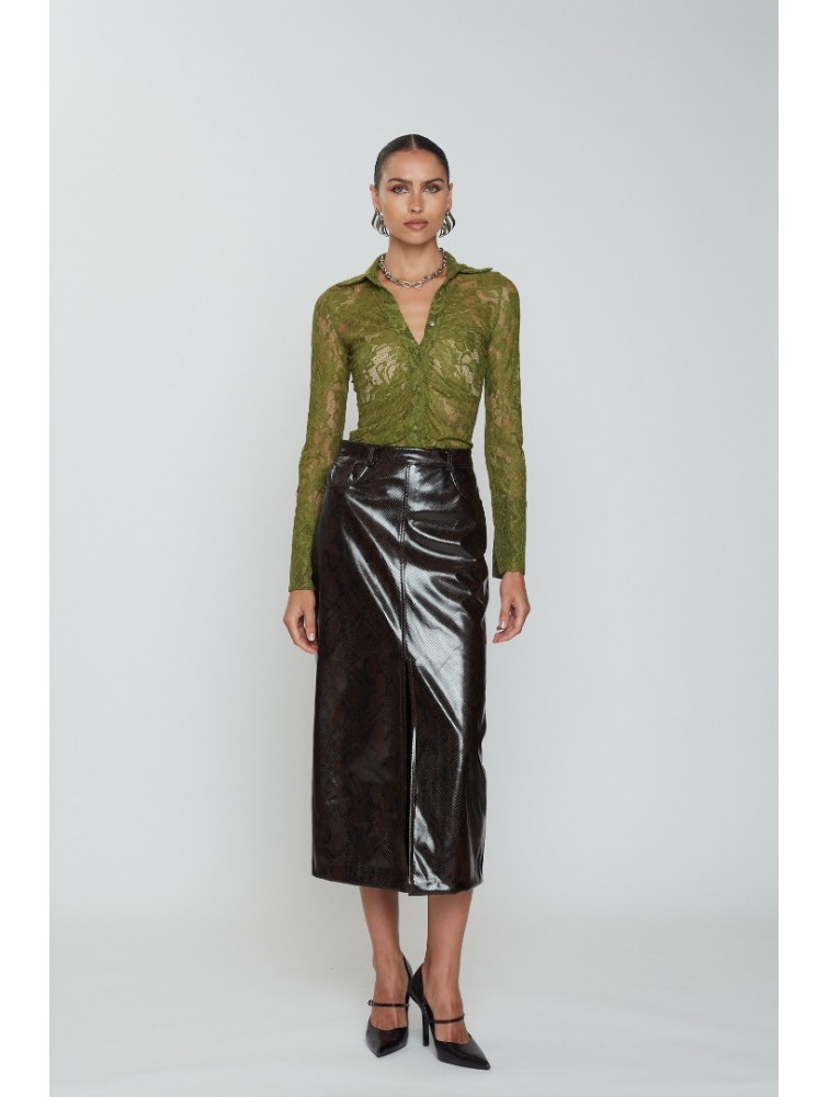 MIX AND MATCH Aisha Midi Skirt Python Print Καφέ Φίδι Μίντι Φόυστα